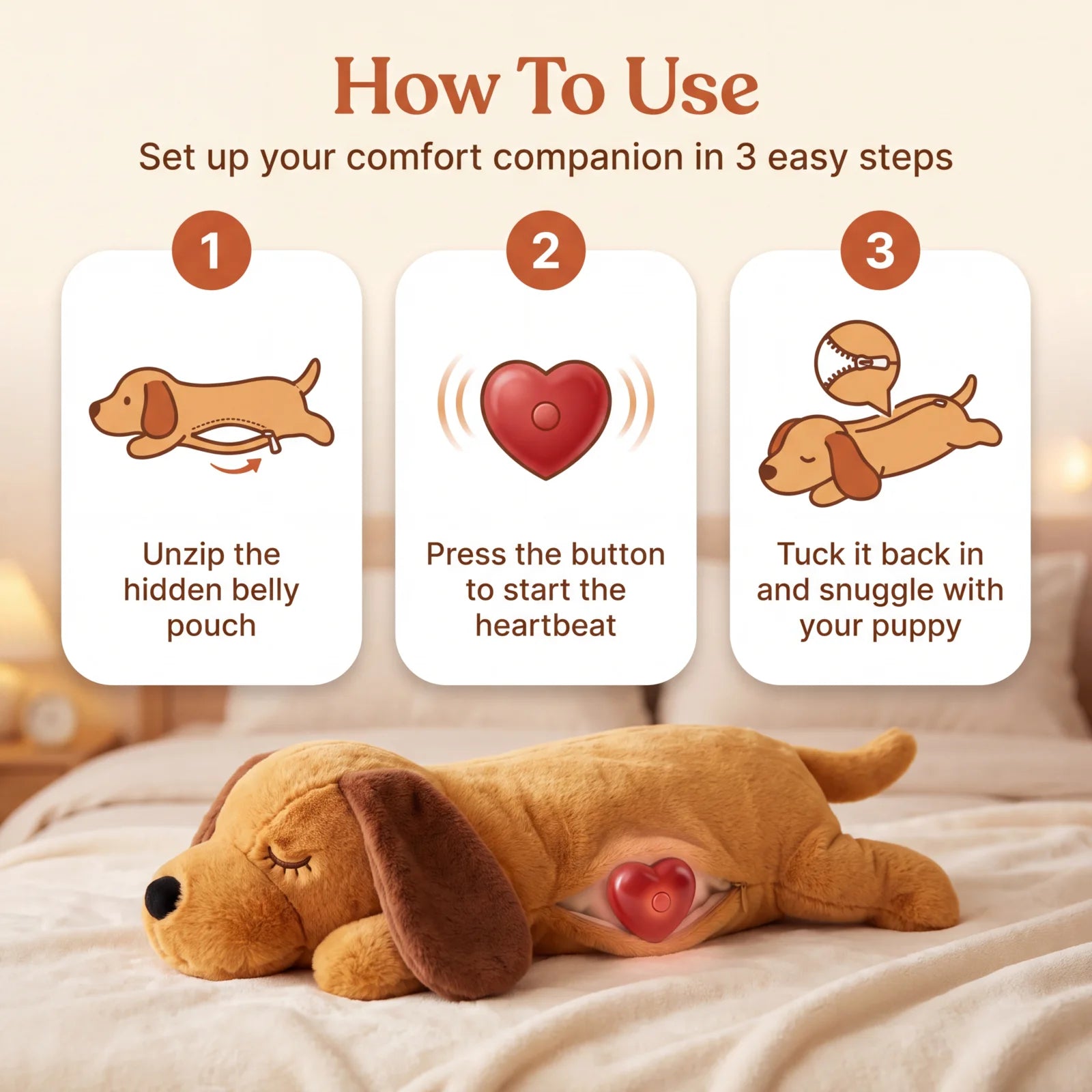 Three-step setup guide for the heartbeat comfort puppy