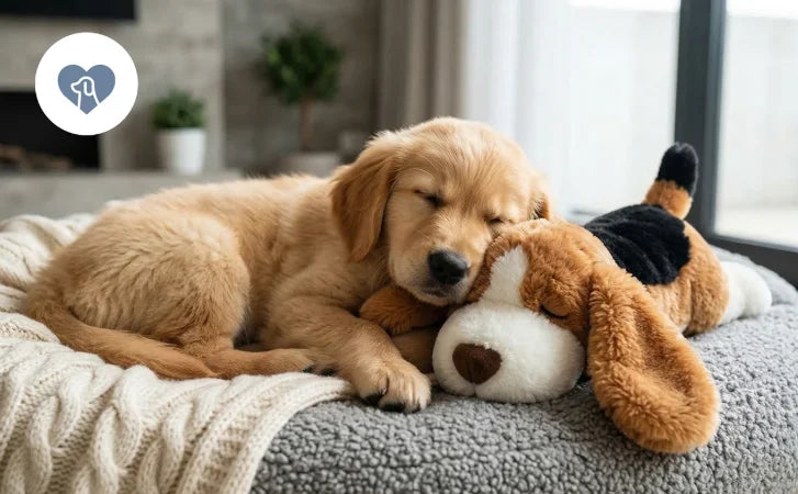 Puppy sleeping beside a soft comfort plush